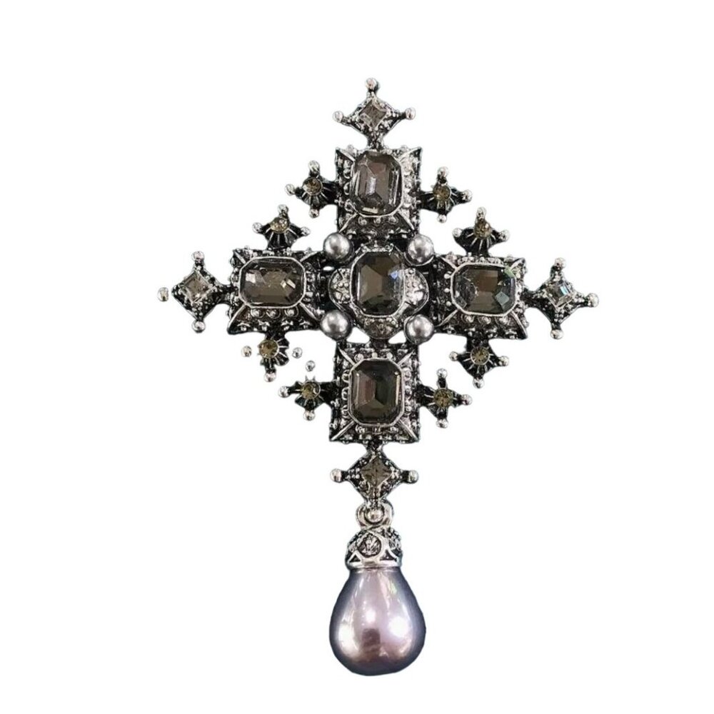 Brooch Cross with Gray Rhinestones & Imitation Pearl Dangle Silver Tone